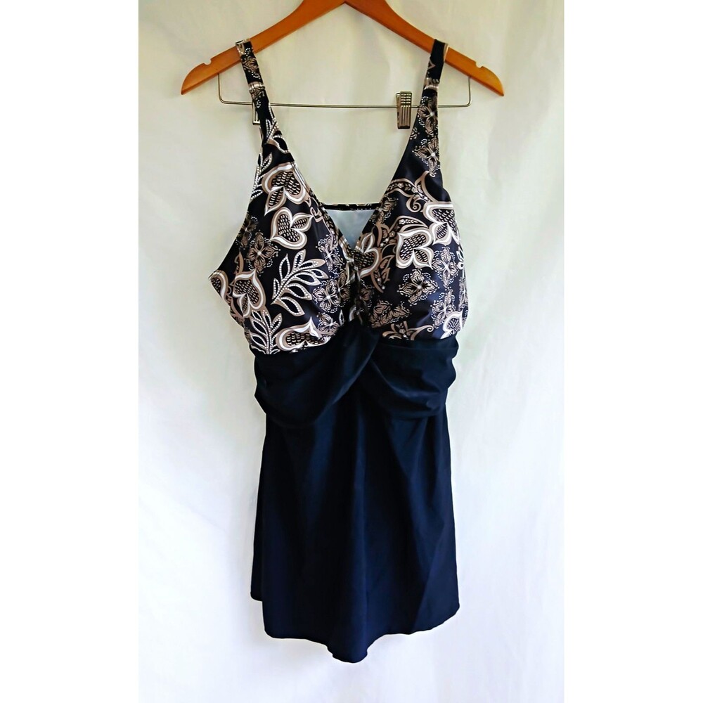 Perona Women’s Black/White Floral Underwire Swimdress One-Piece 20W D Cup